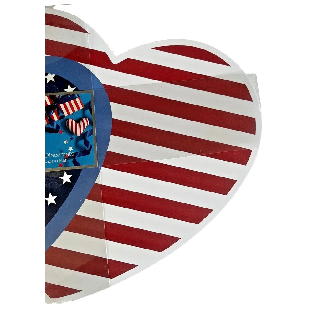 Heart Flag Placemats Red White Blue Set of 6 Vinyl Foam Back 15x20 July 4th